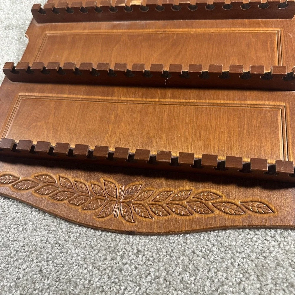 Vintage Wooden Souvenir Spoon Display Rack Wall Hanging 64 Slot Carved Floral